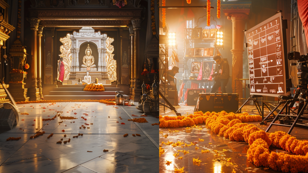 Hindu temple interior contrasted with Bollywood film set props showing cultural misrepresentation