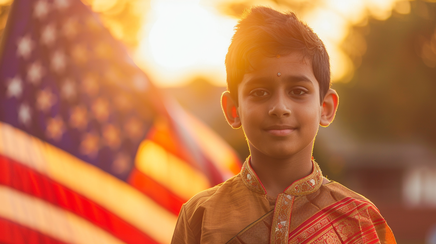 A young Hindu American boy standing confidently, wearing a kurta, with an American flag in the background