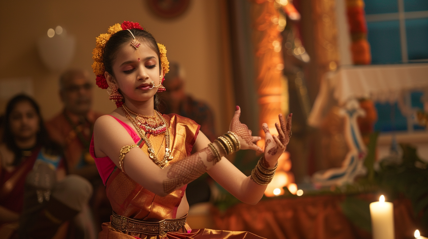 Hindu American girl performing Bharatanatyam on stage in traditional costume
