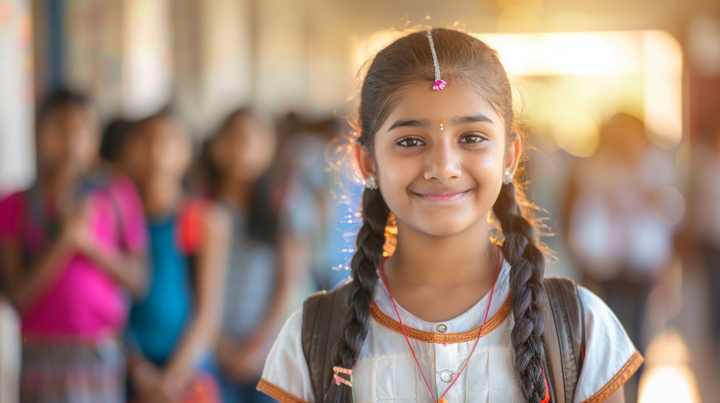 Confident young Hindu American girl standing tall in a school hallway, warm smile, bindi on her forehead