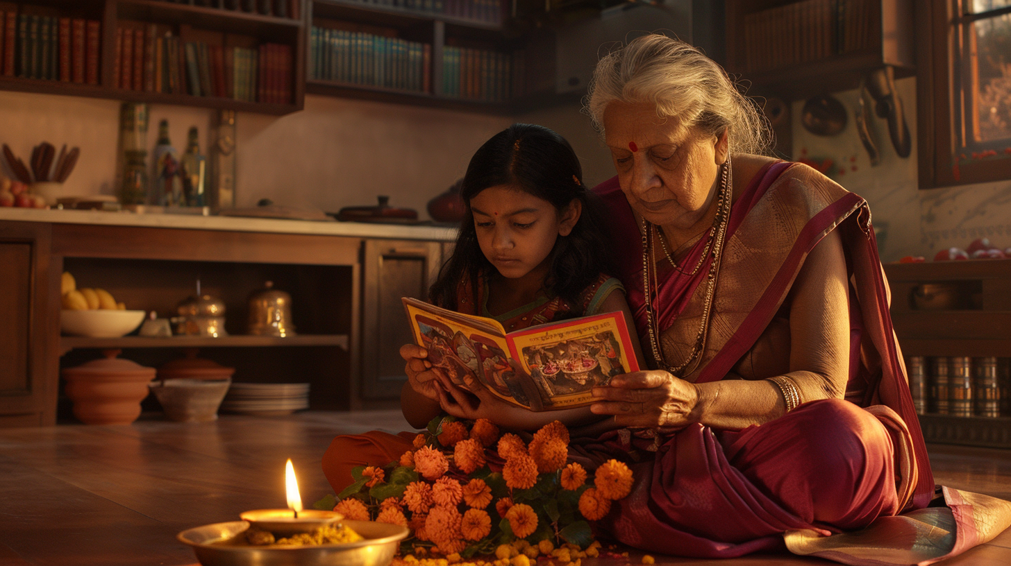 Hindu American family reading the Ramayana together at home