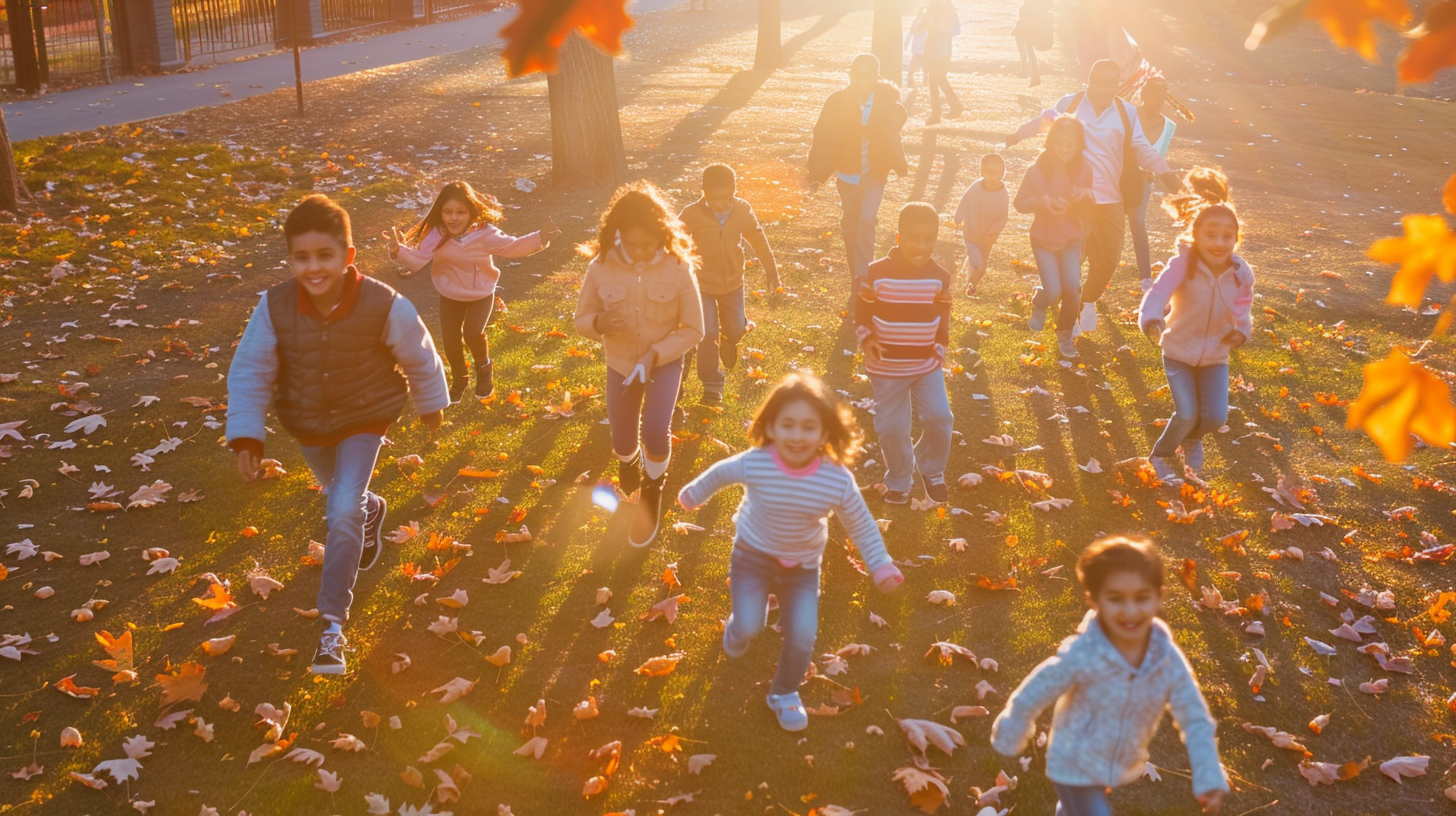 A joyful group of Hindu American children running and laughing in a sunlit American park