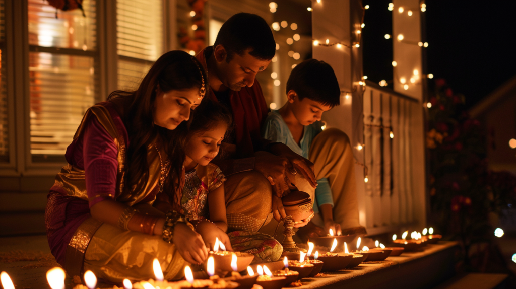 Hindu American family celebrating Diwali with clay diyas glowing on porch steps at night
