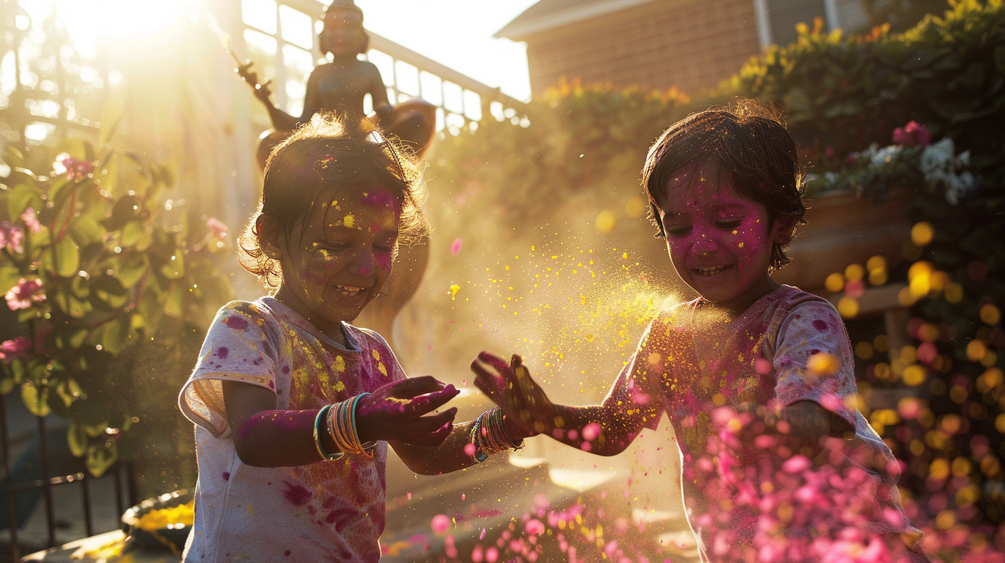 Hindu American children playing Holi with colorful powder in an American neighborhood