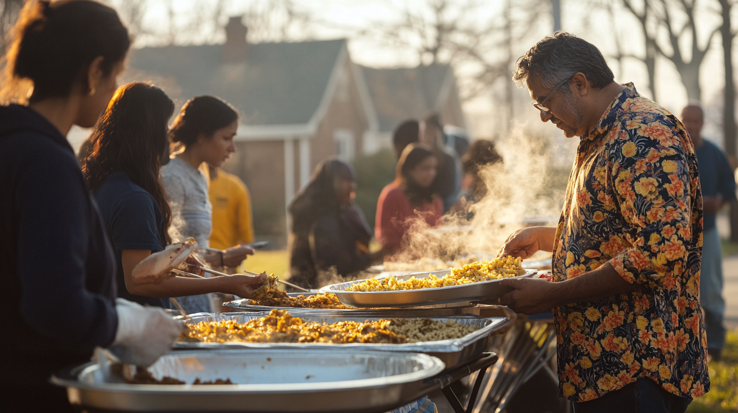 Hindu American volunteers distributing hot meals and food relief after Hurricane Helene