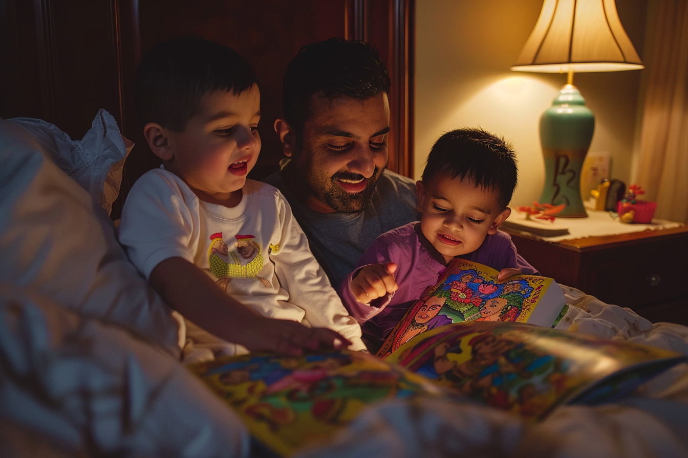 Hindu American father reading an illustrated Ramayana to his children at bedtime by warm lamp light