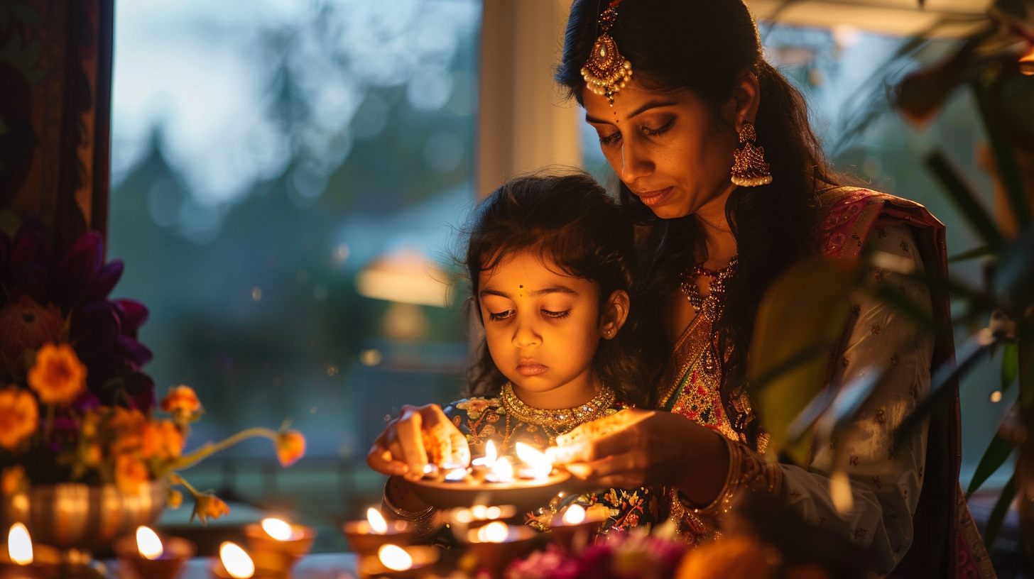 Hindu American mother and young daughter lighting a diya together at a home altar in the morning