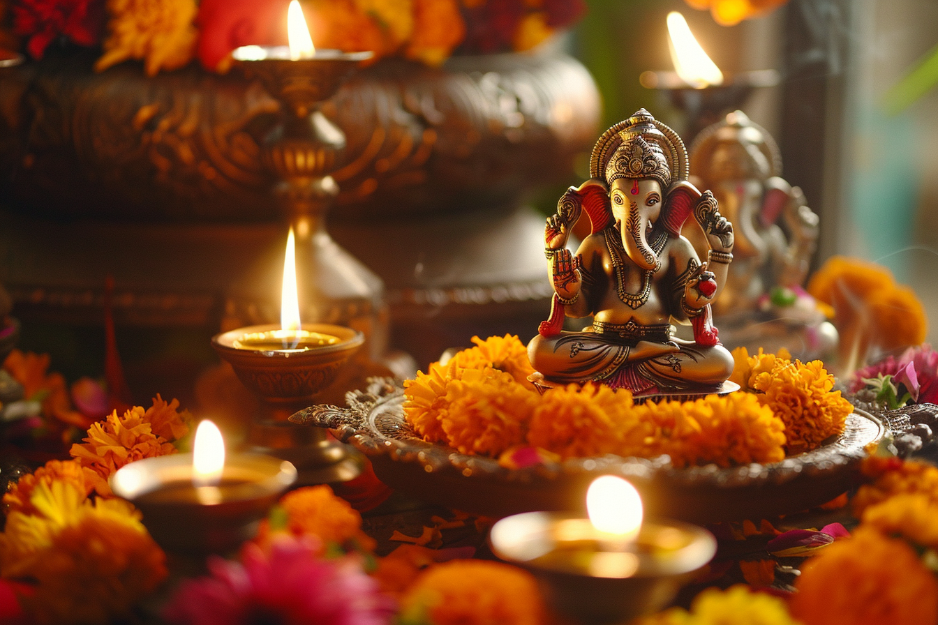 Beautifully decorated home puja altar with colorful murtis of Ganesha and Lakshmi, fresh marigold flowers and lit diyas