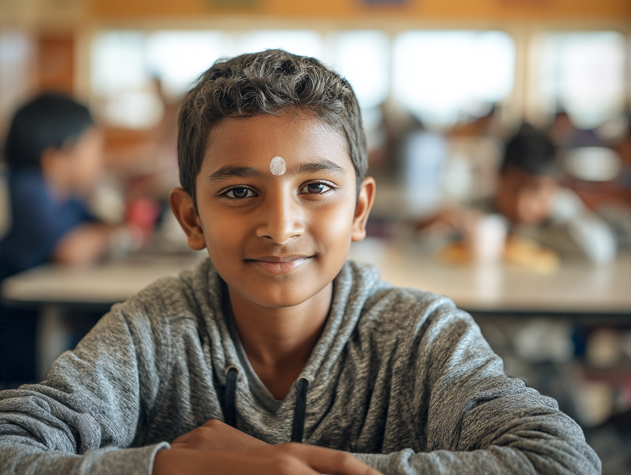 Hindu American middle school boy sitting calmly and confidently at a school cafeteria table among diverse classmates