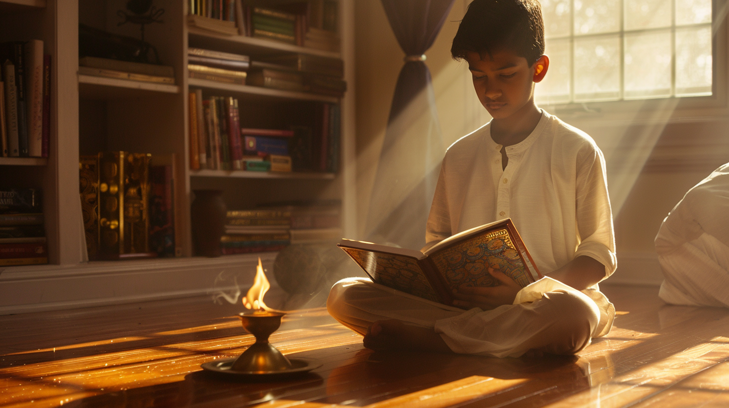 Hindu American parent and child reading the Bhagavad Gita together by morning light