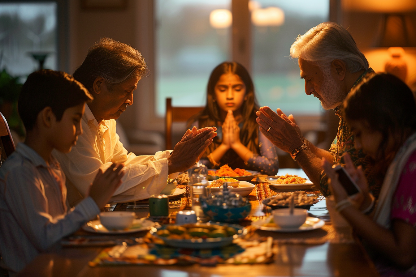 Hindu American family seated at the dinner table, hands joined in prayer before a home cooked meal