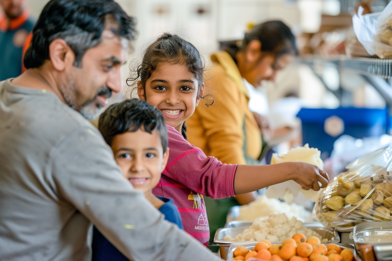 Hindu American family volunteering together at a community food bank, smiling alongside diverse Americans