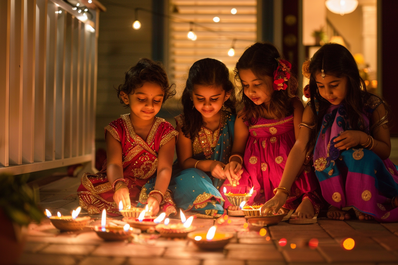 Joyful Hindu American family celebrating Diwali together, children in colorful traditional clothes lighting diyas on the front porch
