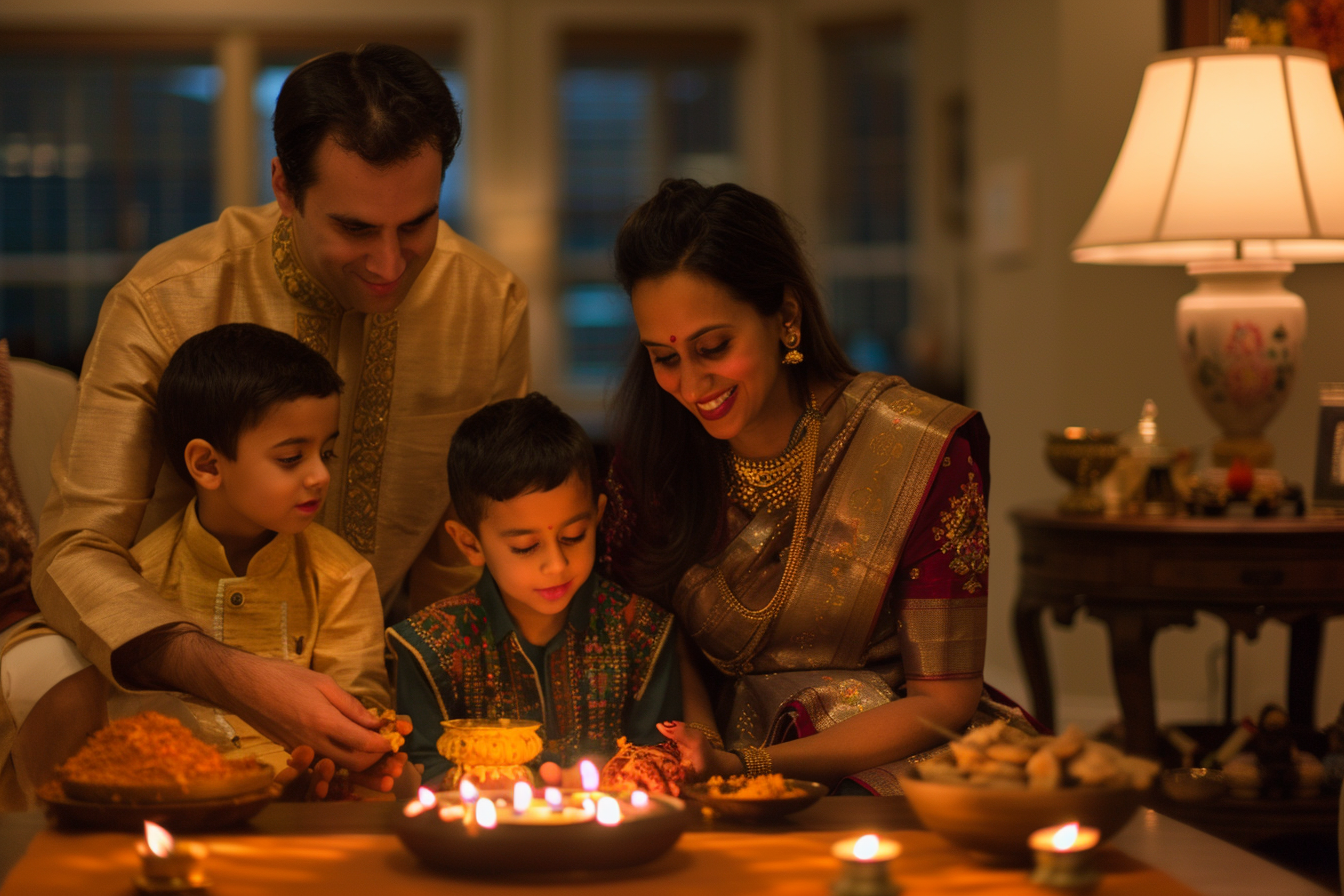 Hindu American family gathered around a diya lamp in a warm American home