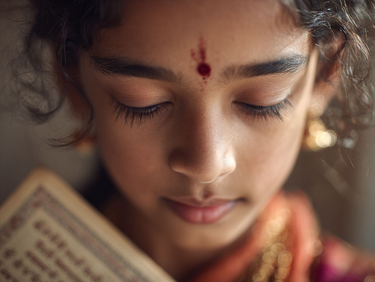 Hindu American girl with eyes closed, reciting a mantra, holding a Sanskrit prayer book
