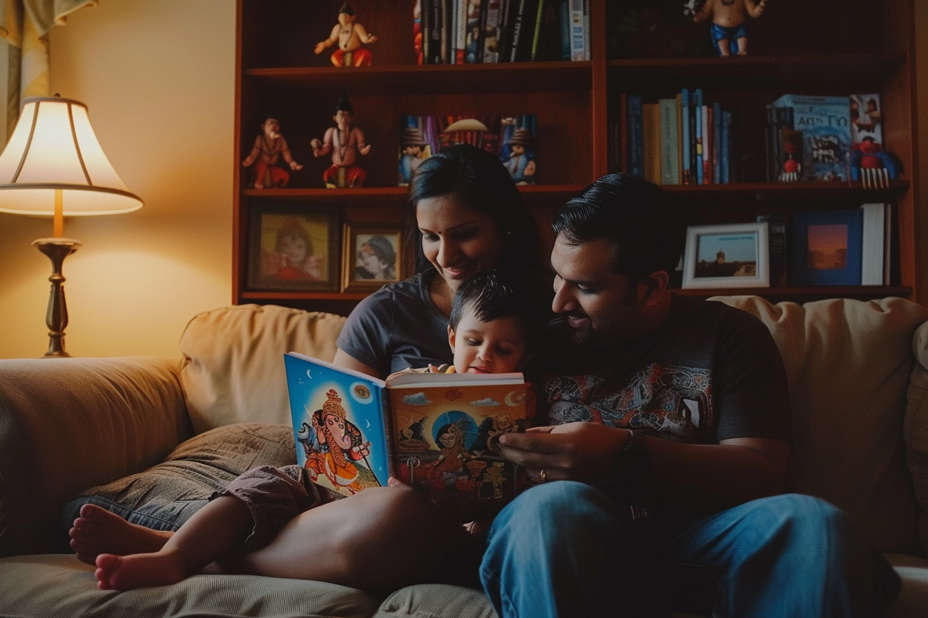 Hindu American parents reading an illustrated Ramayana with their young child at home