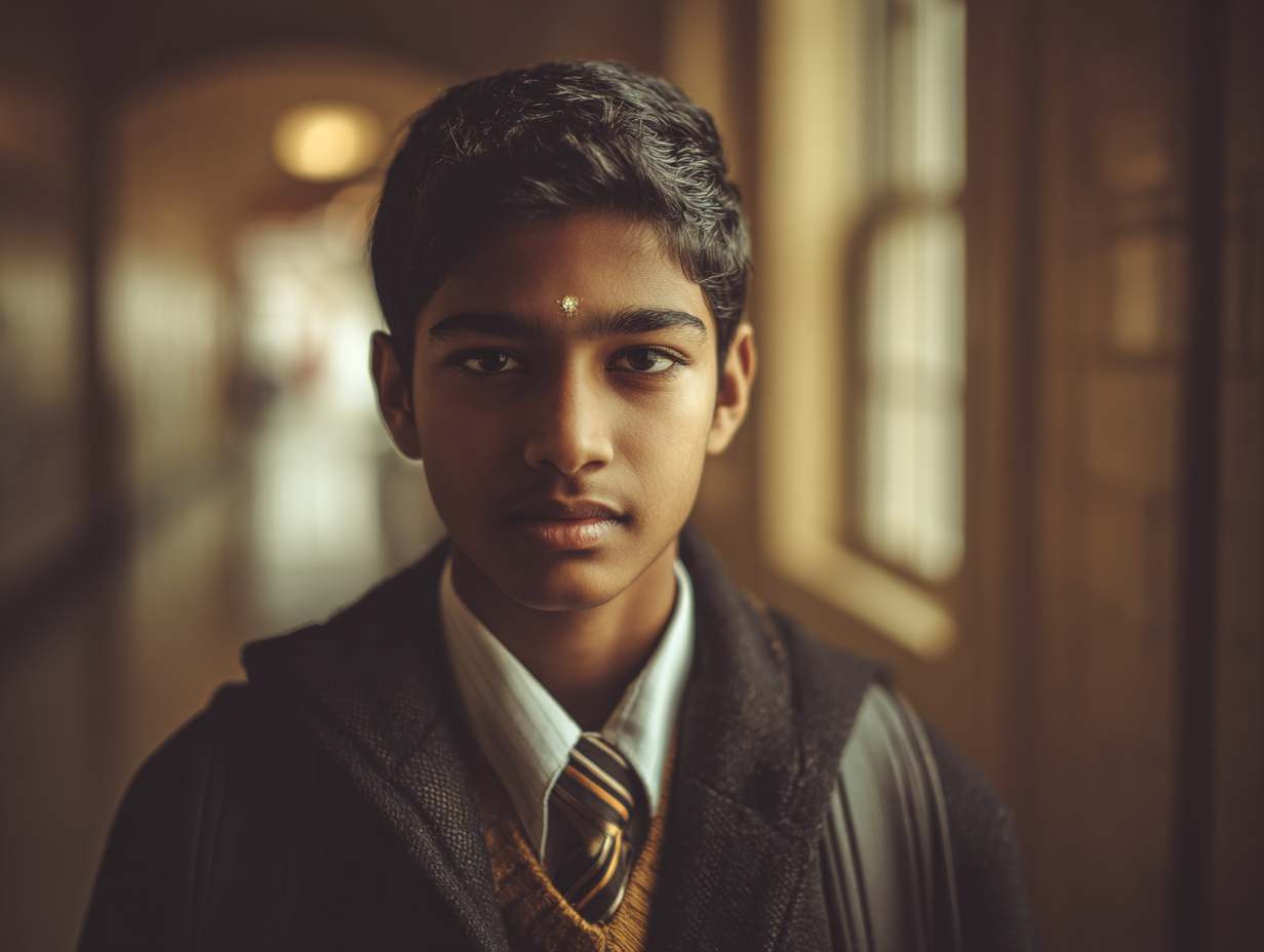 Hindu American teenage boy with tilak, standing calmly and confidently in a school corridor with dignified expression