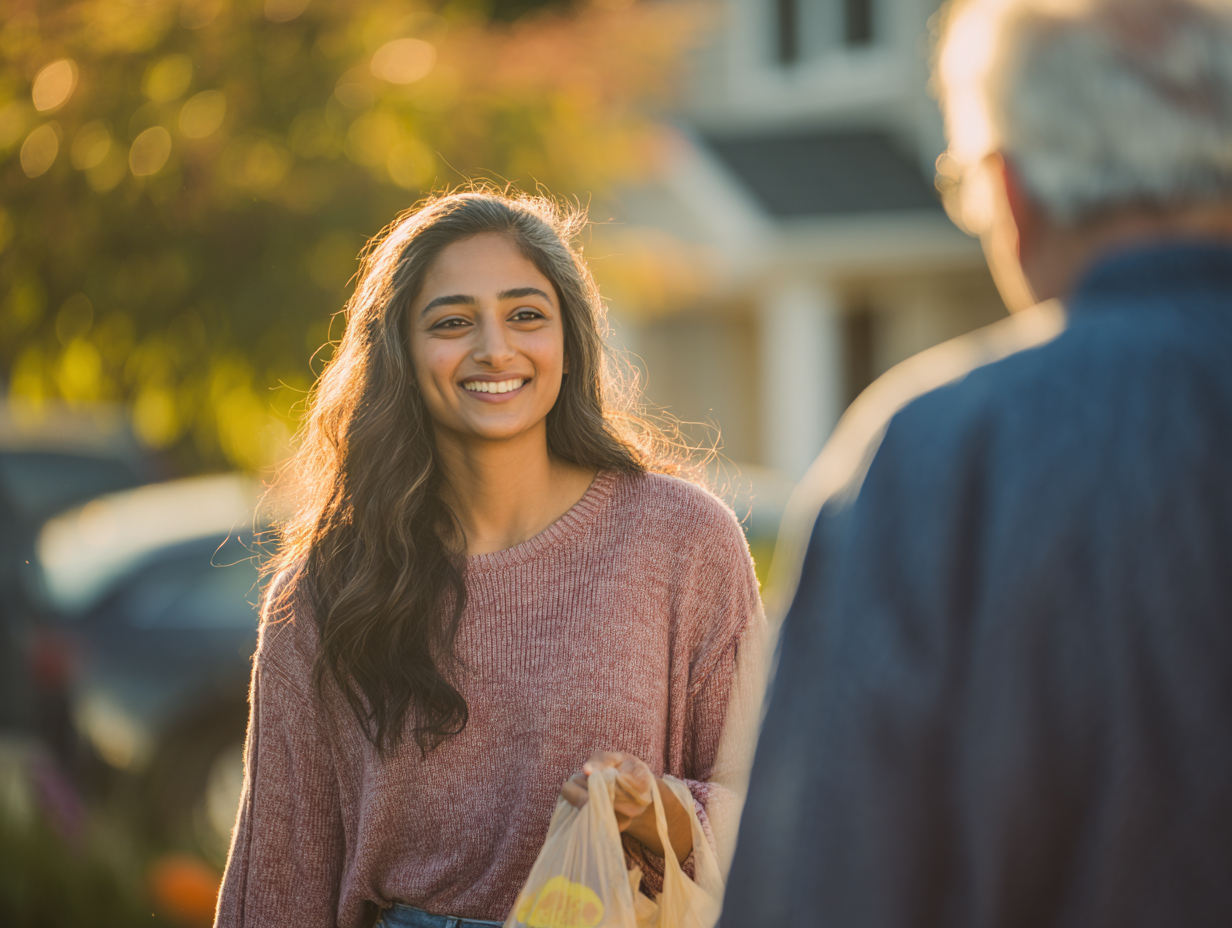 Hindu American teenage girl helping an elderly neighbor carry groceries in a suburban neighborhood, warm golden hour light
