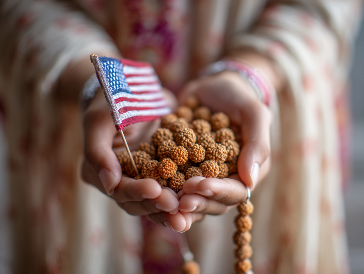 A Hindu American teenage girl holding an American flag and rudraksha beads — two identities, one person