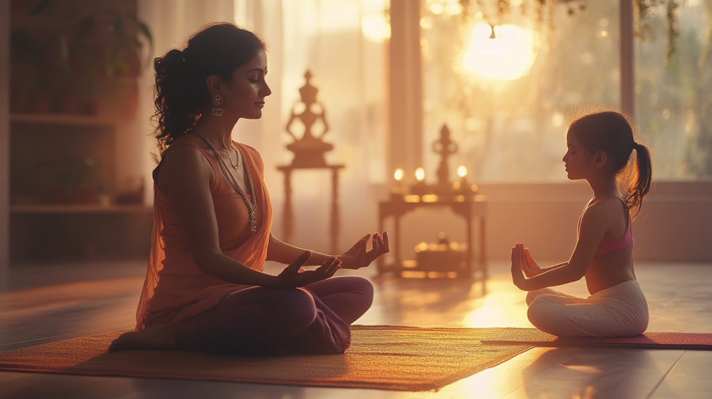 Mother and daughter practicing yoga together
