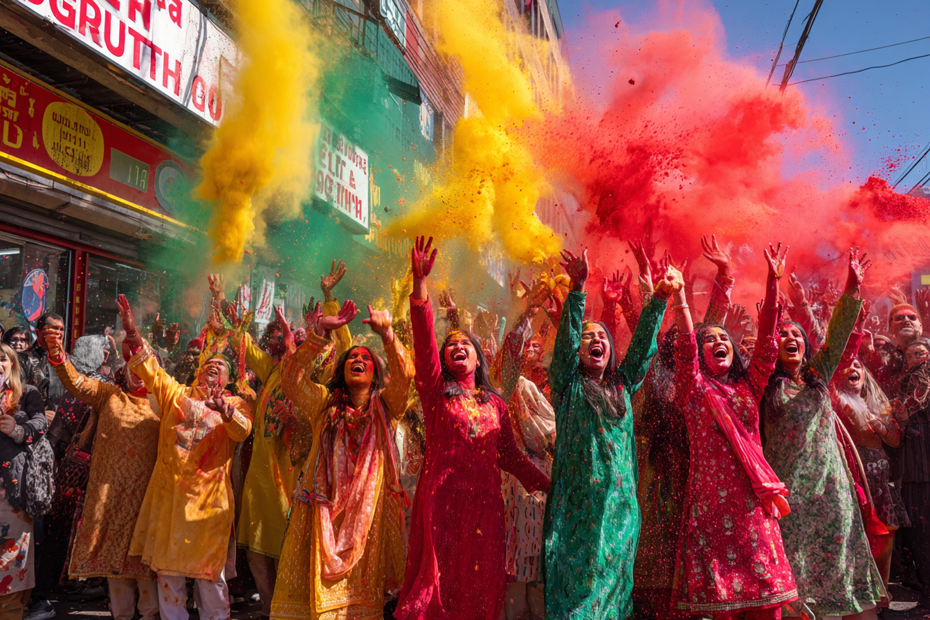 Indo-Caribbean Hindu Americans celebrating Phagwah with colored powder on a Queens, New York street