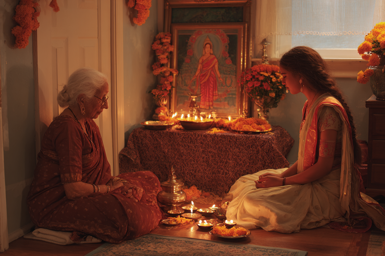 Indo-Fijian Hindu grandmother and granddaughter performing home puja at a small altar in an American suburban home