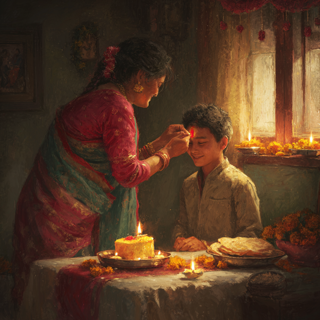 Nepali Hindu American mother placing a Dashain tika on her son's forehead in a warmly lit American home