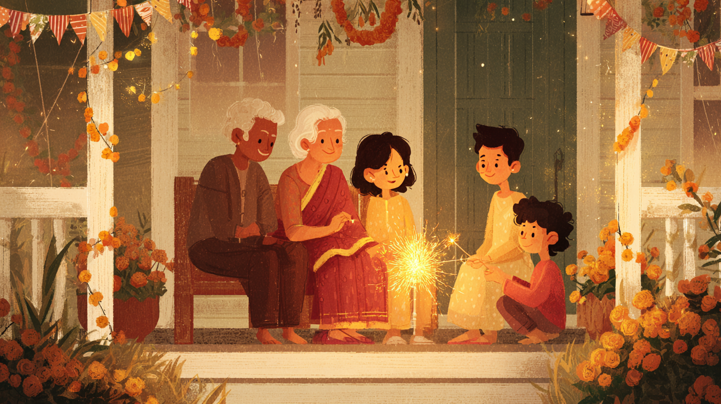 Hindu American family celebrating America250 with diya lamps and sparklers