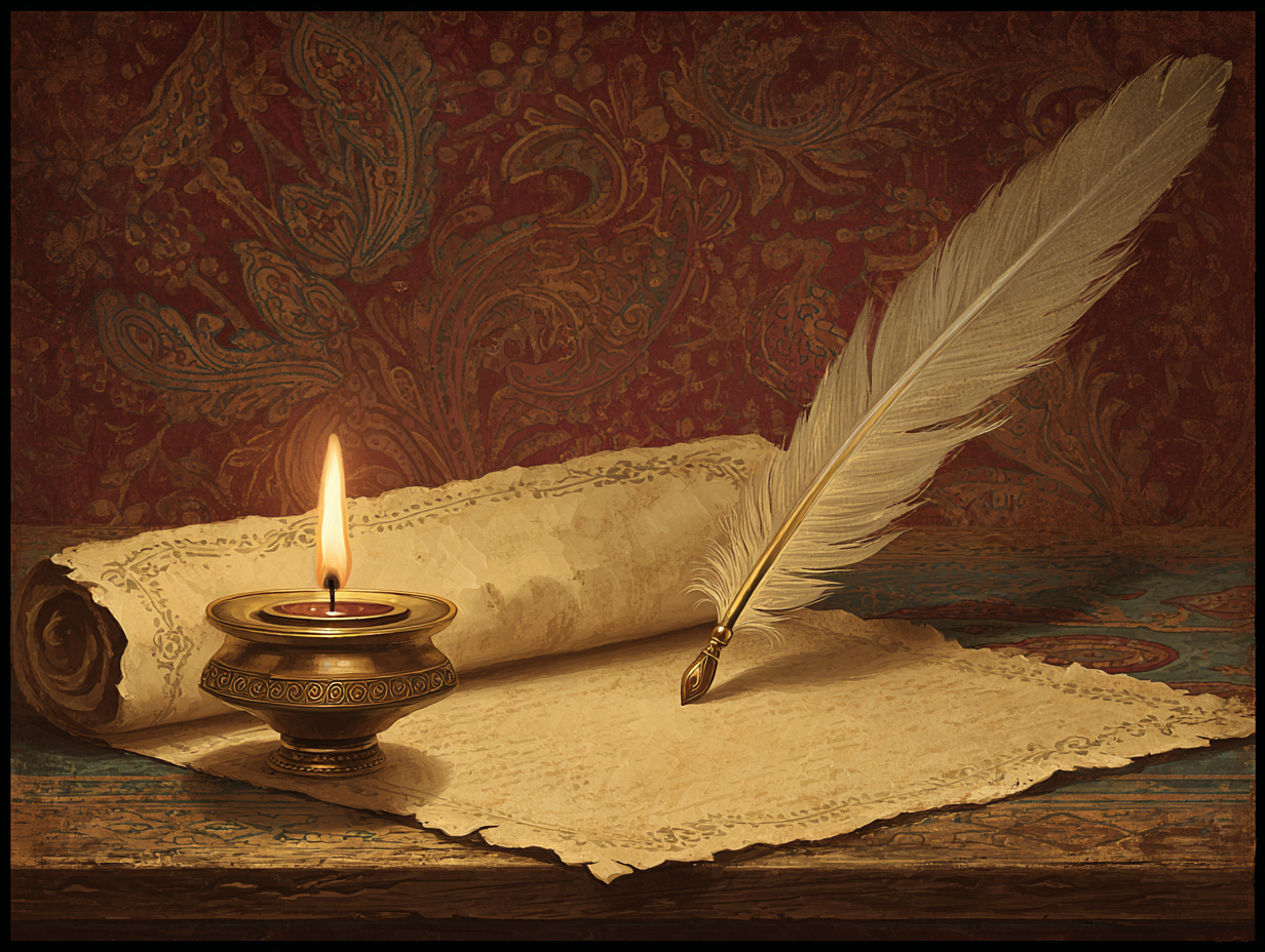 Founding-era parchment and quill beside a brass diya lamp