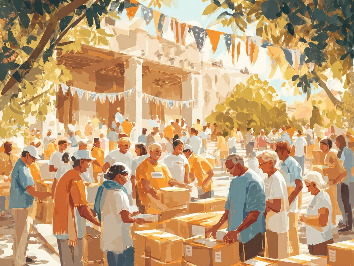 Hindu American volunteers packing food donation boxes at a community temple