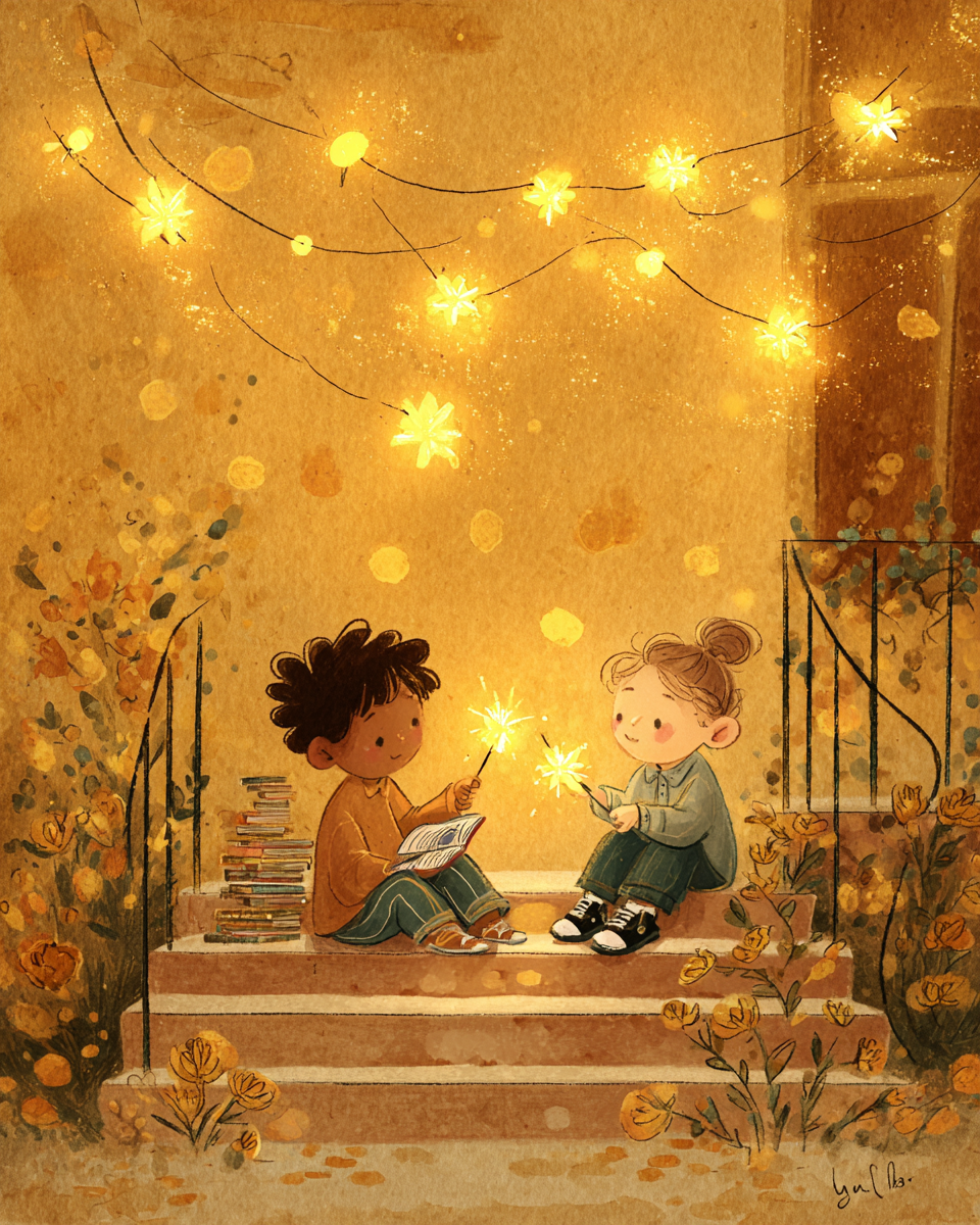 Children writing in a diary and holding a sparkler and American flag