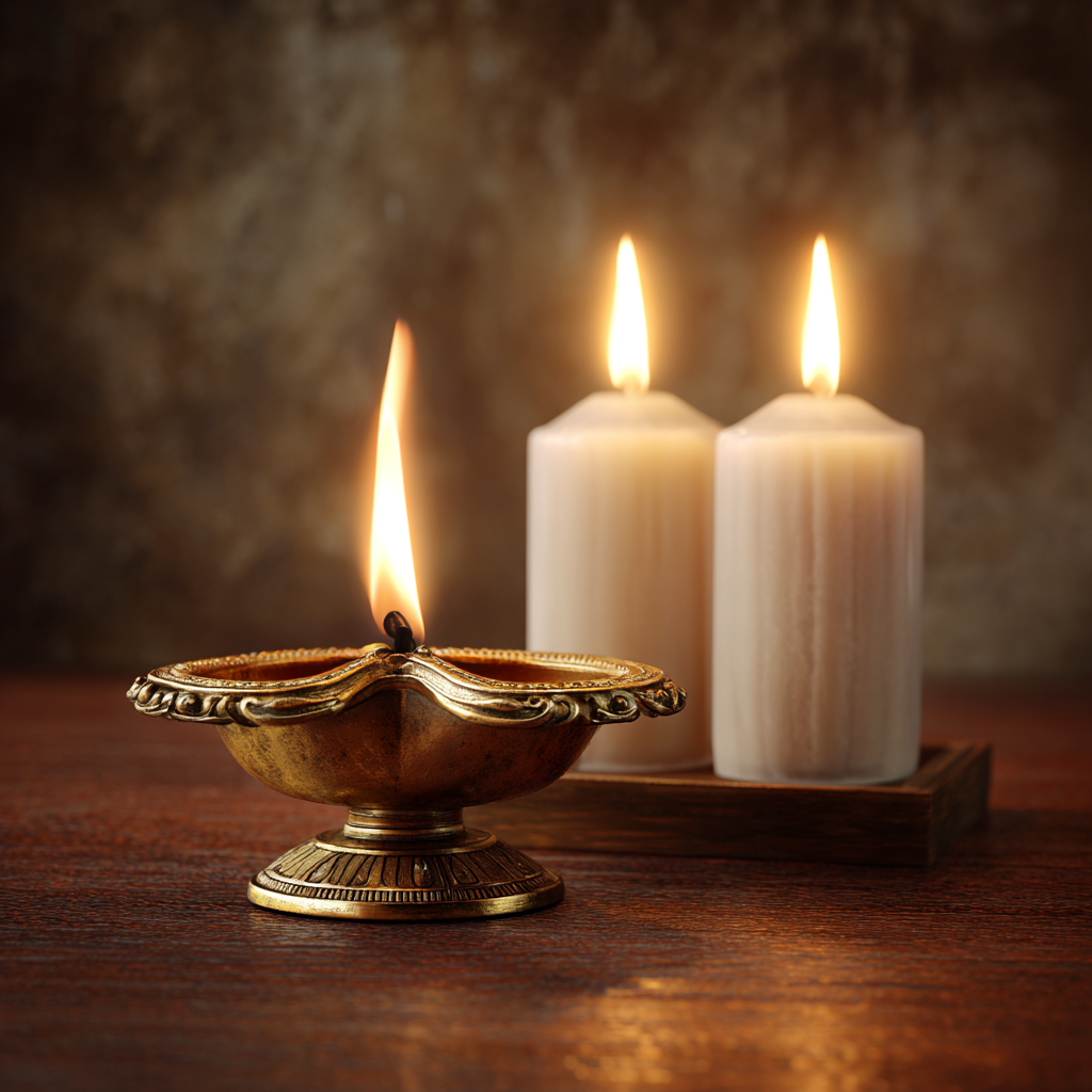 A lit diya oil lamp beside lit Shabbat candles, symbolizing Hindu-Jewish friendship and solidarity