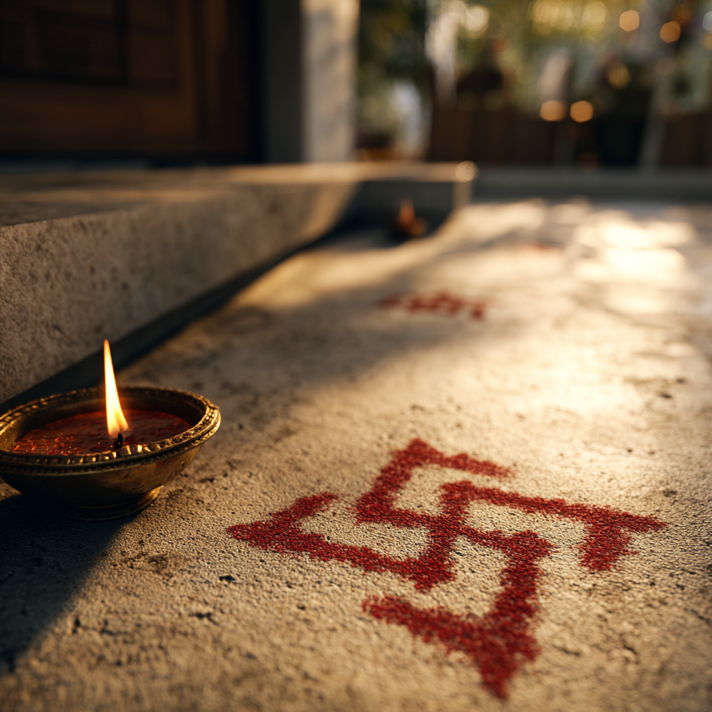 A traditional Hindu Swastika hand-painted in red vermillion on a home threshold beside a lit brass diya oil lamp