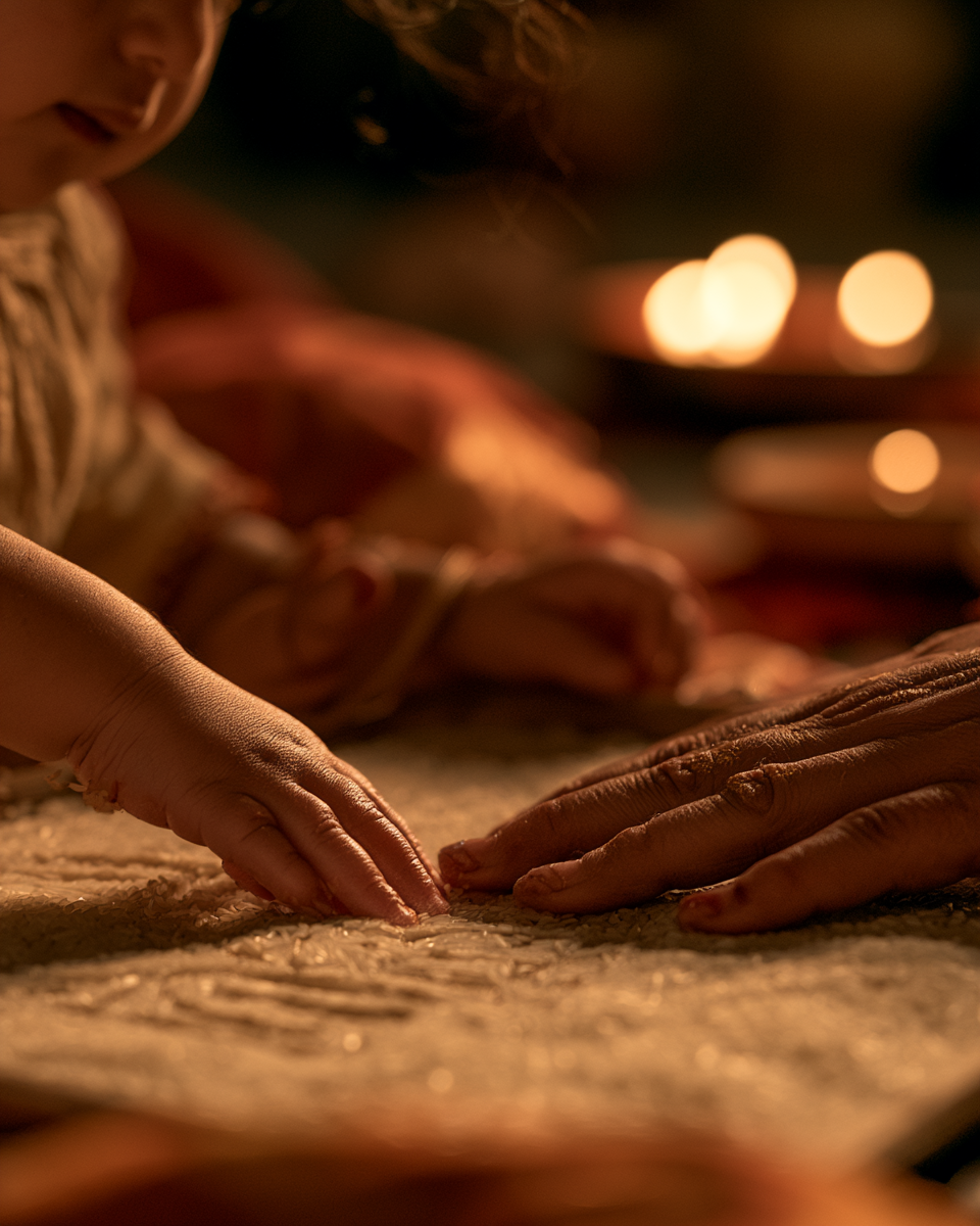 Vidyarambham ritual, a child guided to trace their first letters