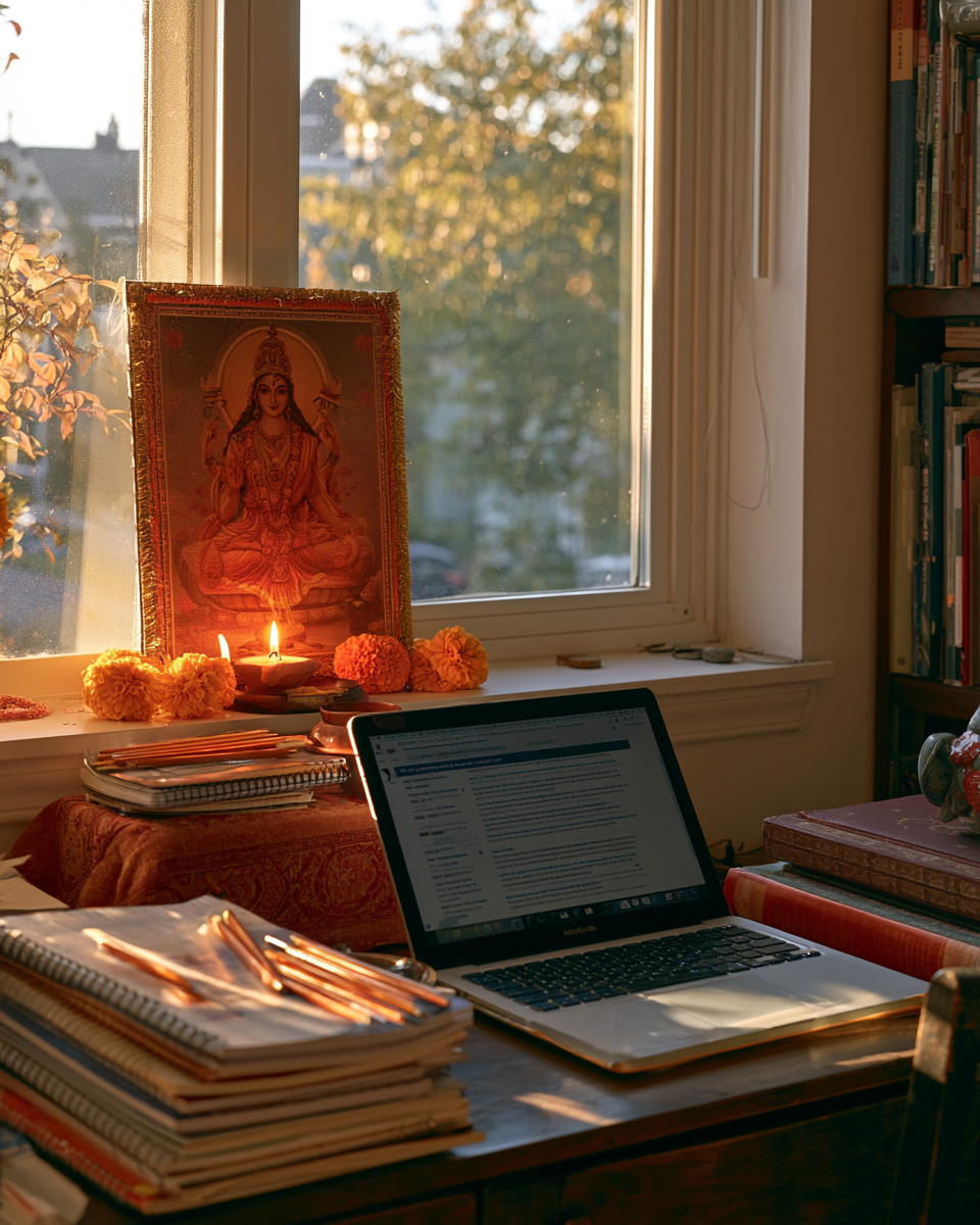 Back-to-school home altar with Saraswati and school supplies