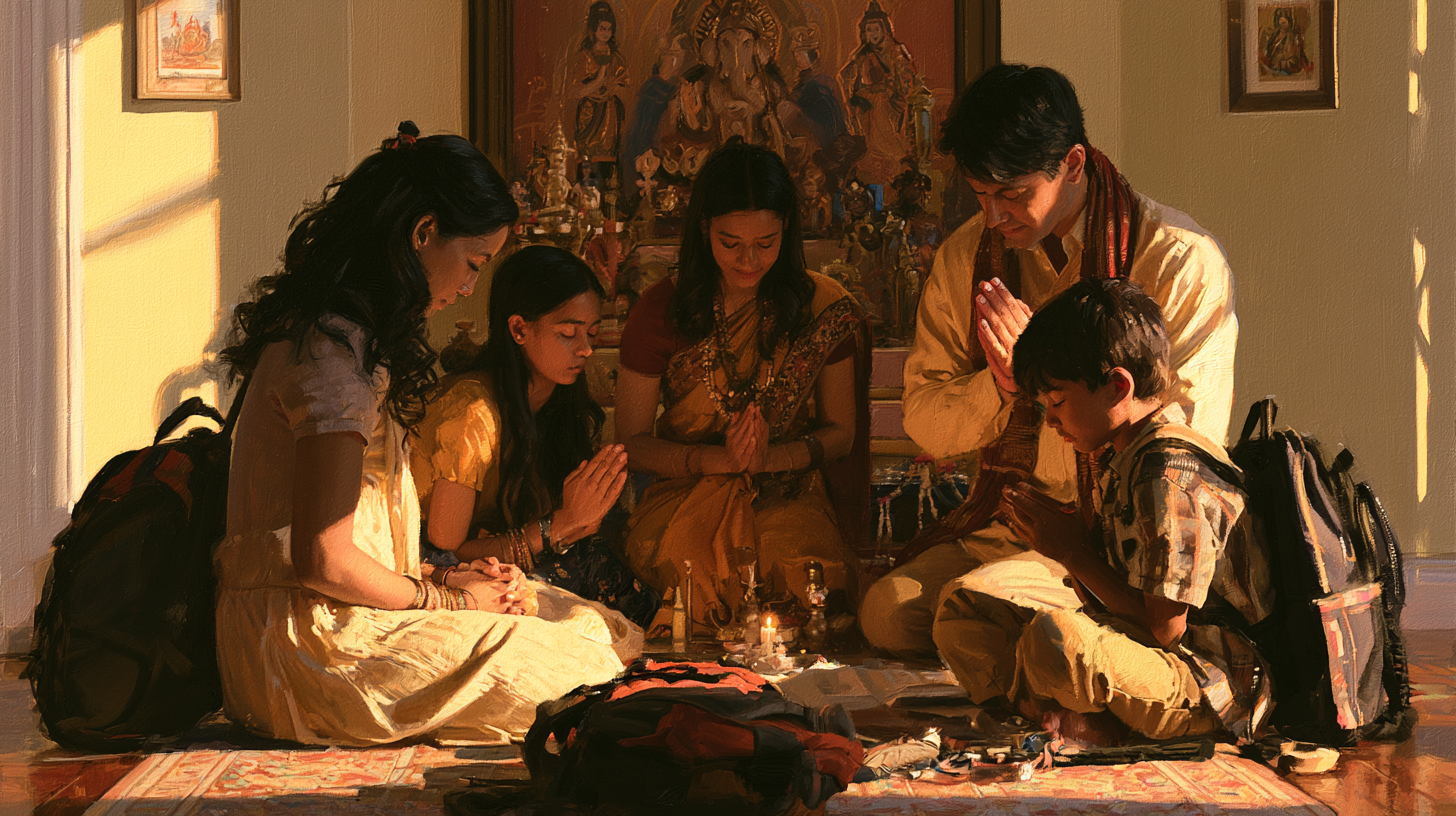 Family chanting the Saraswati mantra together before school