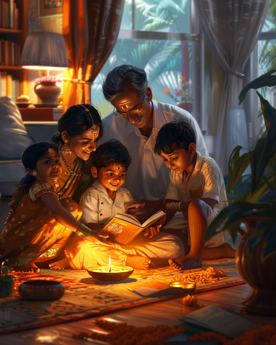 Hindu American family sharing the Shravan story with their children
