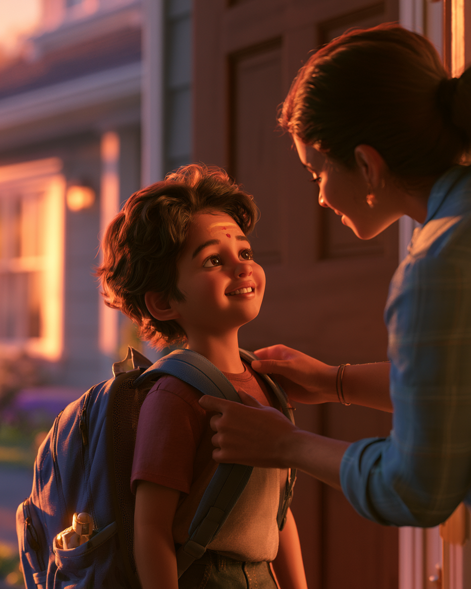 Child blessed with a tilak, ready for the first day of school