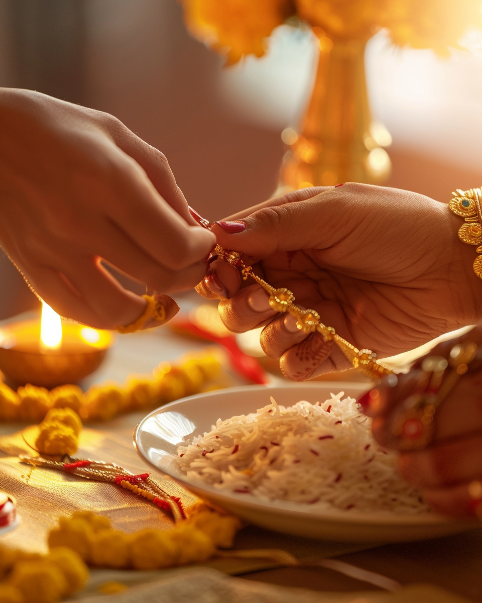 Tying a rakhi thread to mark Raksha Bandhan at the close of Shravan