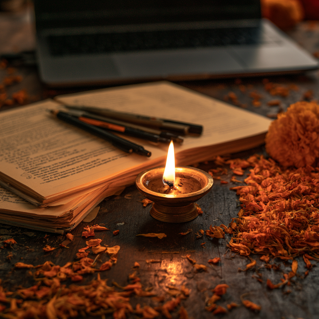 Notebooks and a lit diya, marking the start of the school year